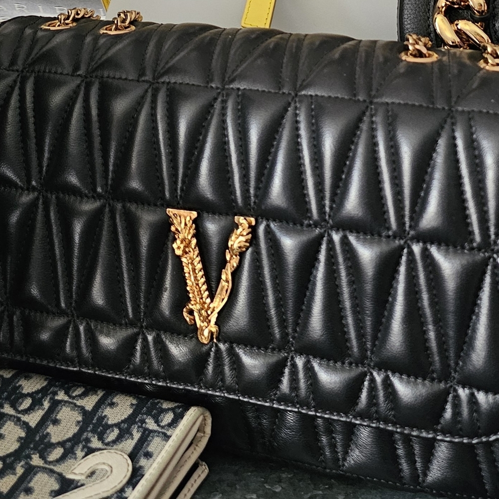 Versace Black Quilted Shoulder Bag with Gold V Detail